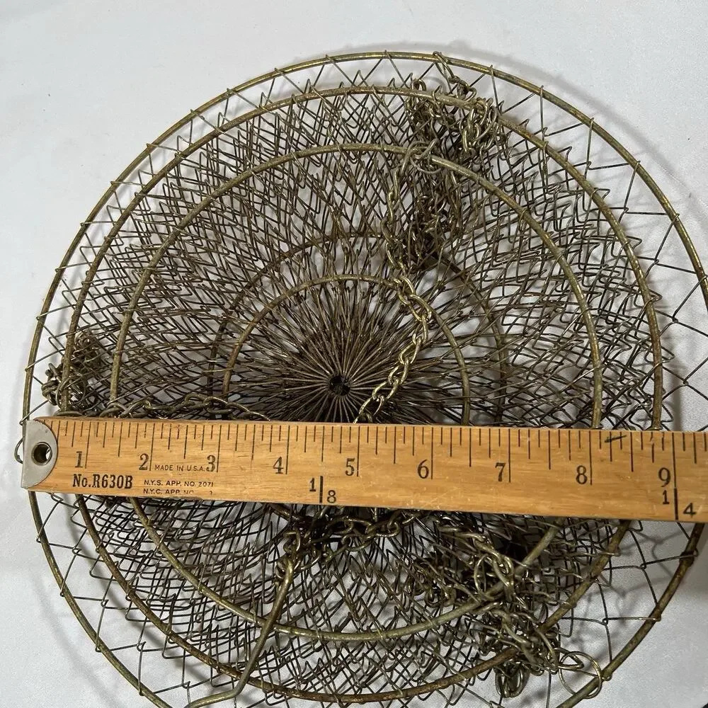 Vintage 3 Tier Distress Brass Gold Patina Metal Hanging Wire Fruit Basket